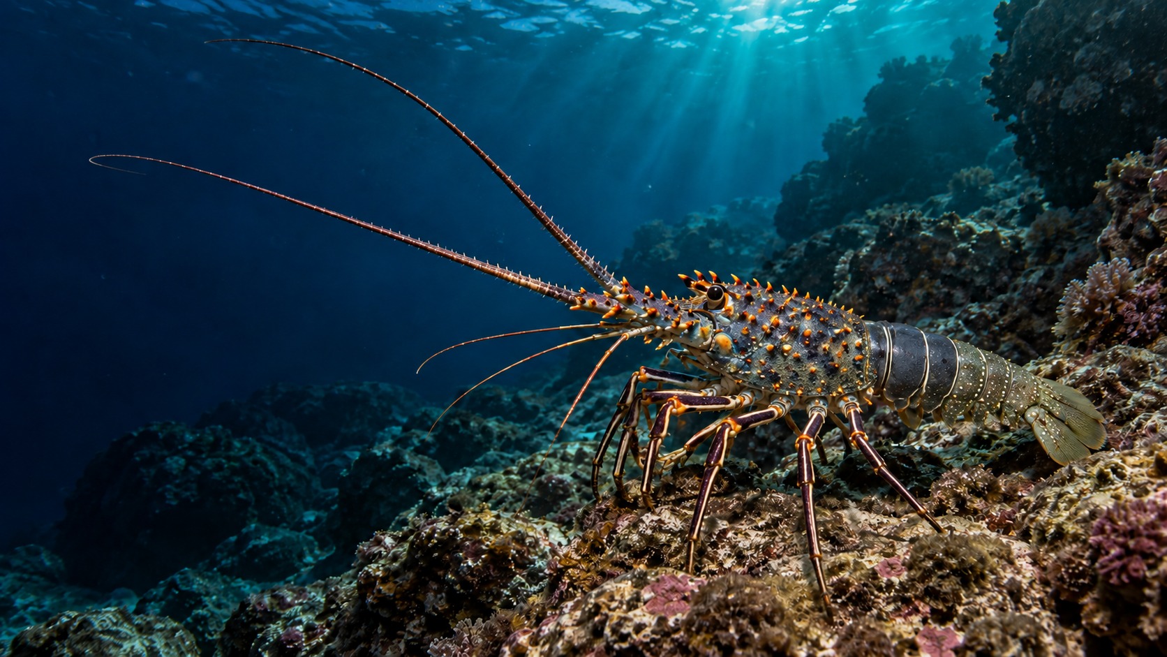 Artistic visualization of a whole Gulf of California spiny lobster in a rocky marine habitat