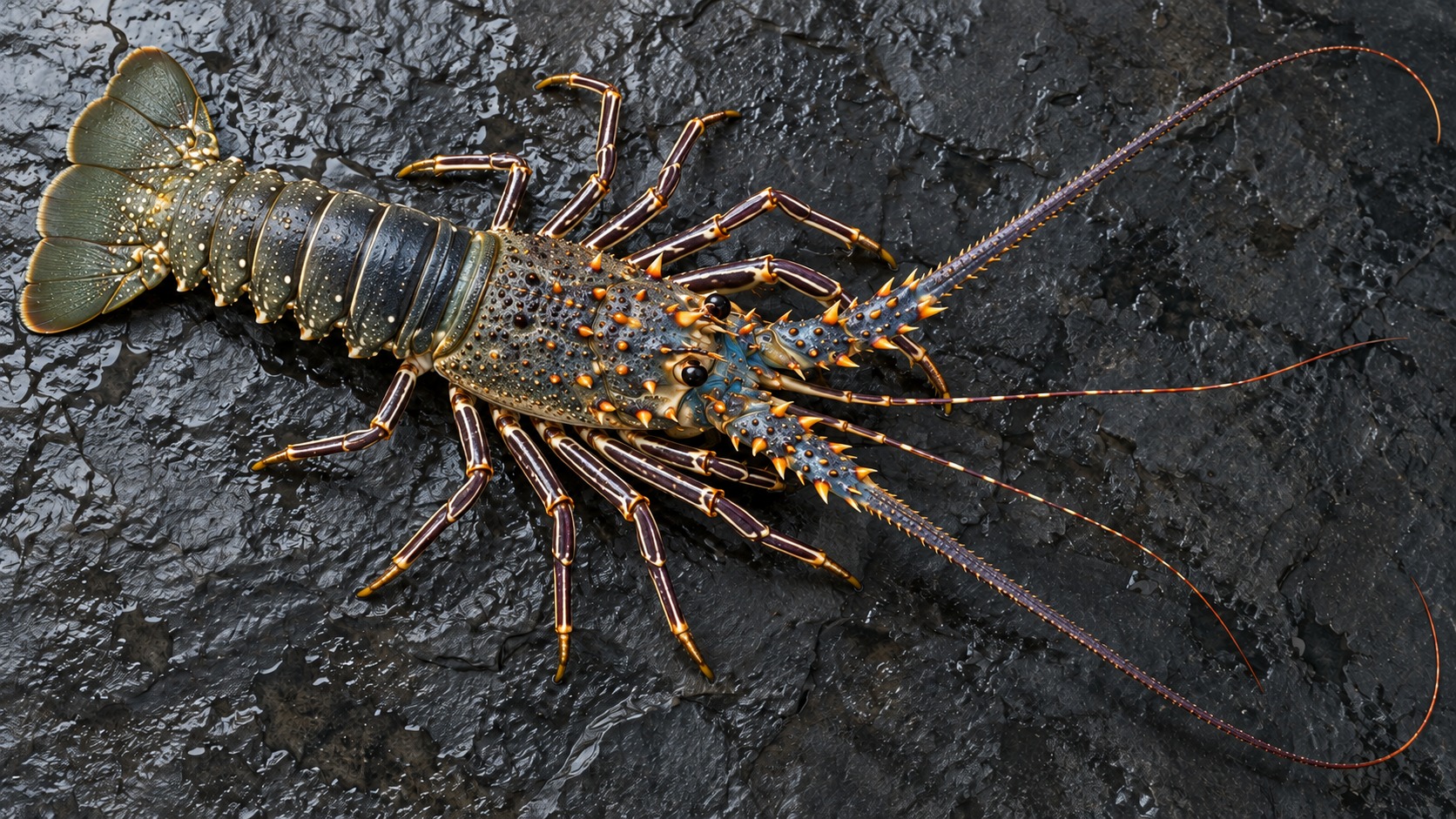 Generated overhead product study showing the entire spiny lobster, tail, legs and antennae